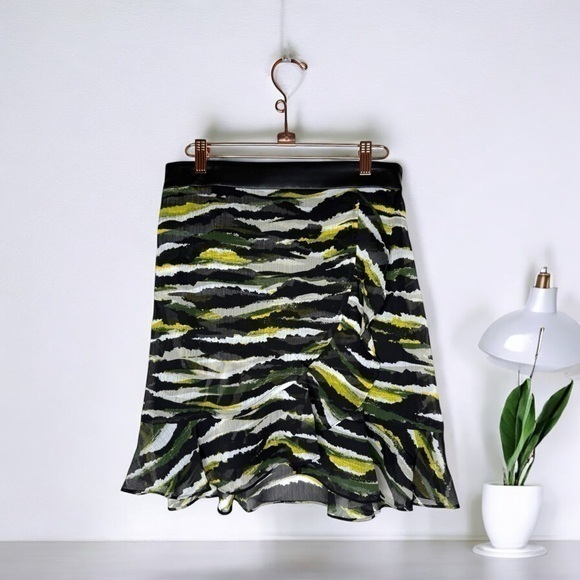 NWT DKNY Animal Print Faux Wrap Skirt Black Cadet Green Multi - Picture 1 of 12